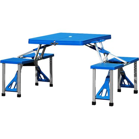 CASARIA® Folding Picnic Table with 4 Chairs Weatherproof Foldable ABS Camping Furniture Set Garden Patio Beach Collapsible Dining Table Family Benches Bench Seat Beer 4 Person Blue (1/4)