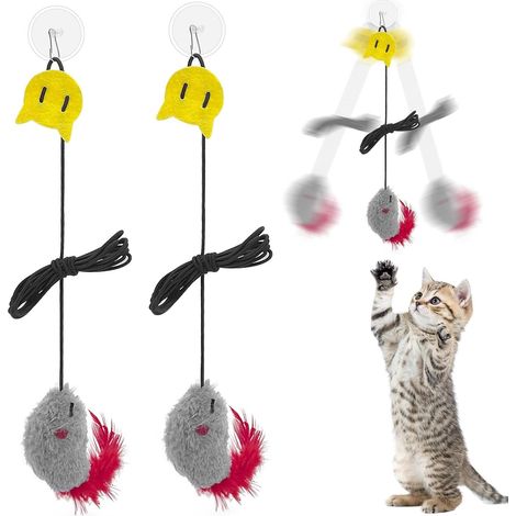 Lot de 2 Souris Suspendue Jouet Chat avec Couineur et Plume, Aucune Pile Nécessaire, Jeux Chat pour Chaton, Accessoire Chat, Jouets en Peluche