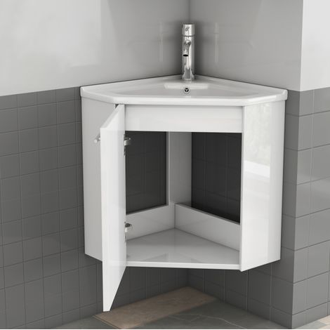Mueble de baño esquinero blanco brillo con lavabo de cerámica, premontado, OKWISH (1/5)
