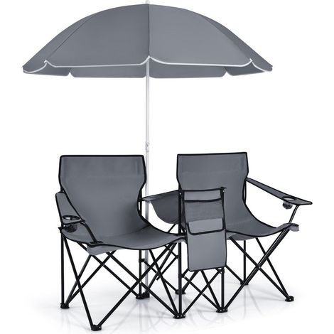 Chaise de camping avec parasol double chaise pliante avec porte-gobelet sac isotherme gris