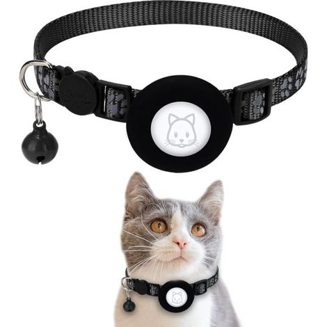 Collare per gatti Apple Airtag con fibbia di sicurezza e campanellino, largo 1 cm, riflettente, con supporto Airtag per gatti, cuccioli e gattini (nero) (1/4)