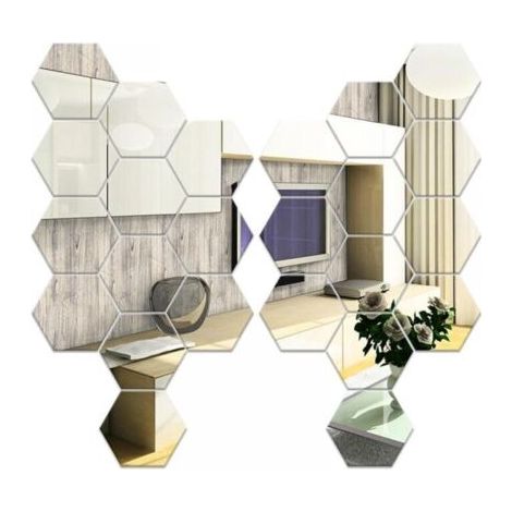 24 pièces Miroir Hexagonal Mural, Miroir Adhesif Mural Argent 126×110×63mm, Miroirs Muraux Autocollant Hexagone en Acrylique pour Canapé TV Fond Décoration, Chambre, Salon (1/5)