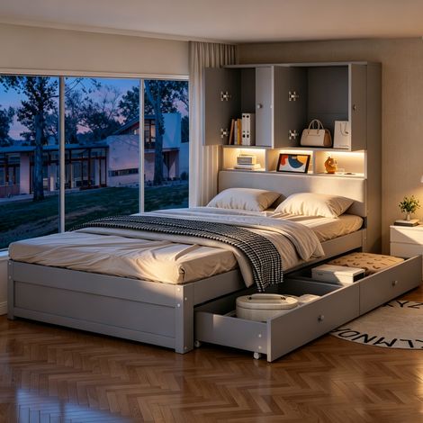 Multifunktionales Holzbett, 90 x 200 cm, mit gepolsterter Rückenlehne, Kopfteil mit Stauraum, Ablagefächern, LED-Beleuchtung und Steckdose, mit Schublade und Lattenrost, Einzelbett, Jugendbett, Grau (1/5)