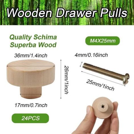Bouton De Tiroir En Bois - 35 mm De Diamètre - Pour Meuble Cuisine Salle De Bain Commode - Lot De 12 Pièces Avec Vis (1/4)