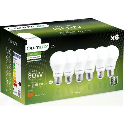 6x LED-Lampe E27 A60 8W = 60W 806lm 4000K Neutralleiter 260° LUMILED