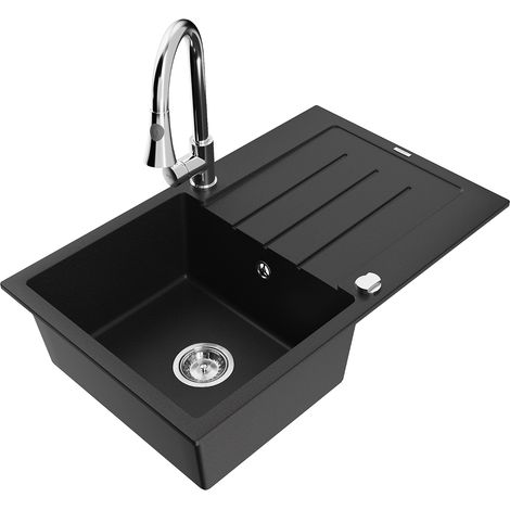 Mexen Bruno 1 Becken-Granitspüle mit Abtropffläche und Mischbatterie Elia, Schwarz - 6513-77-670101- (1/5)