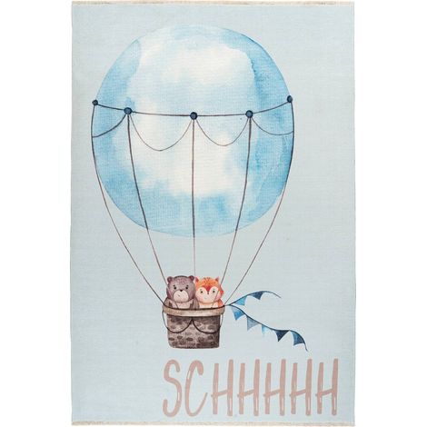 Tapis enfant doux antidérapant motif montgolfière - Bleu ciel pastel et écru doux (1/3)