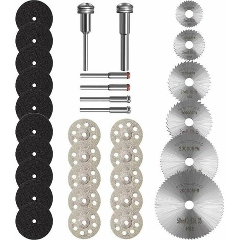 Disques de coupe pour Dremel, accessoires d'outils rotatifs Mini roue de coupe diamantée à tige 1/8" et lames de scie circulaire HSS et roues de coupe en métal en résine Outils Bois Métal Pierre Coupe