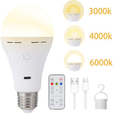 Lot de 1 Ampoule LED Rechargeable E27 2200mAh avec Télécommande, 3 Températures de Couleur Variateur, Minuterie, Crochet de Suspension, Éclairage Intérieur/Extérieur Urgence (1/5)