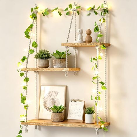 Étagère murale à 3 niveaux en bois et macramé avec vignes Pour plantes succulentes, livres, décoration murale bohème, salon, cuisine et bureau (1/5)
