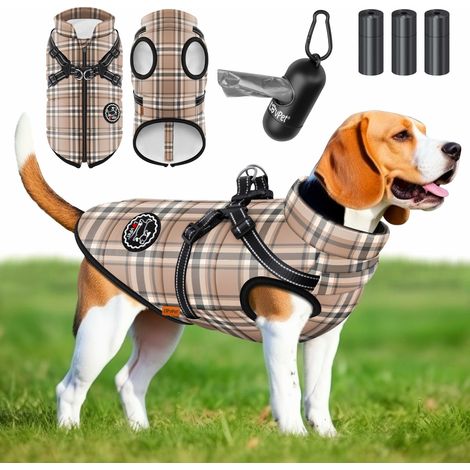 LOVPET® Chaqueta para perro Abrigo para perro con arnés incl. 45 bolsas para la caca + dispensador Chaleco de invierno para perro con forro impermeable Chaleco acolchado con correa para el pecho B