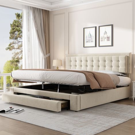 Lit coffre 185x200x101 cm velours beige, rangement intégré pour chambre, sans matelas – MEUBLIV (1/5)