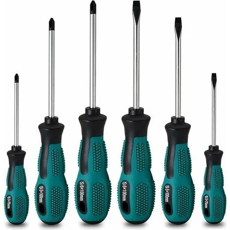 Ensemble de 6 tournevis magnétiques robustes en chrome vanadium, dont 3 plats et 3 cruciformes. (1/3)
