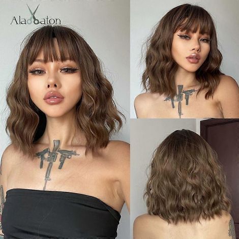 Perruque synthétique ALAN EATON Ombré Brun Clair Blond Cendré Mi-long Ondulée pour Femmes Noires Fibre Résistante à la Chaleur Faux Cheveux Usage Quotidien