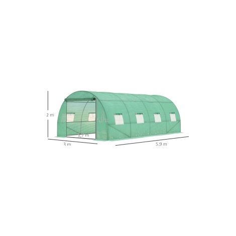Serre tunnel verte 6 x 3 x 2 m en film UV avec 8 fenêtres, porte enroulable et côtés relevables avec ancres pour jardin et potager (1/5)