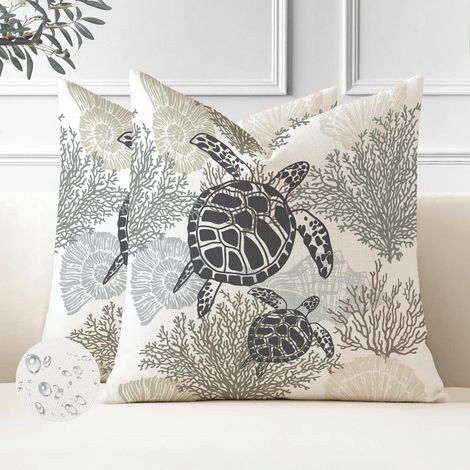 Housse de Coussin 40 x 40 Taie d'oreiller Lot de 2 Tortue Hippocampe Housse Coussin en Polyester Exterieur Impermeable Coussin Decoratif Canape Carre pour Patio Lit Voiture Beige (1/5)