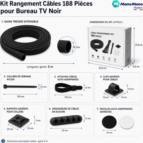 Kit Rangement Câbles 188 Pièces pour Bureau TV Noir