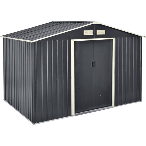 Caseta de jardín 277x191x192 cm techo a dos aguas chapa de acero galvanizado gris oscuro 030007173