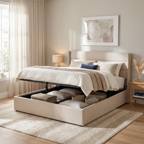 Lit coffre double 160x200 cm avec sommier relevable hydraulique, tête de lit ergonomique, tissu lin, beige