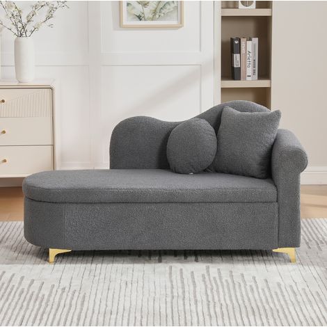 Chaise longue de almacenamiento 134 cm, respaldo ondulado, tejido efecto borreguito, gris, REDOM (1/5)