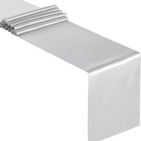 Chemin de table en satin uni gris clair, luxueux, 30 x 274 cm (12 x 108 pouces), idéal pour buffets, mariages et occasions spéciales. (1/5)