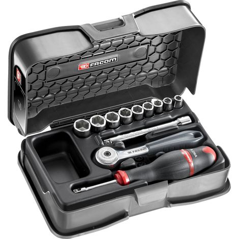 Spann-/Anzieh-Koffer FACOM R.151-1P6 1/4" 12-teilig metrische 6-kant Nüsse OGV® mit Knarre, 100-mm-Verlängerung und Schraubendrehergriff