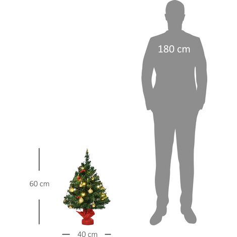 Sapin de Noël miniature vert avec baies de houx, boules scintillantes et guirlande LED, décoration de table en PVC, diamètre 40 cm, hauteur 60 cm, lot festif (1/5)