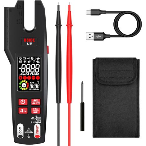 BSIDE U6 Testeur Électrique avec Thermomètre Infrarouge Pince Ampèremétrique Ouverte AC DC 600A LCD Couleur 9999 Comptes VFC Multimètre Numérique Intelligent avec Batterie Rechargeable et Étui (1/5)