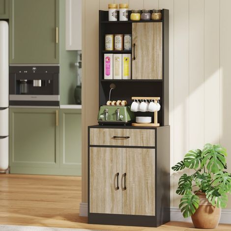 Meuble de cuisine avec plan de travail et passe câble tiroir et 3 étagères bois naturel noir (1/5)