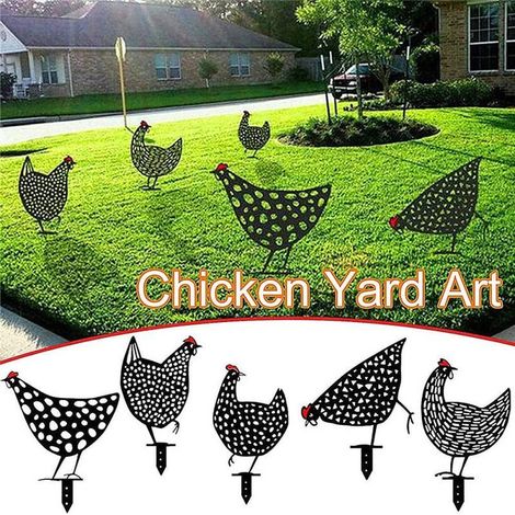 Lot de 5 Statuettes de Poules Décoratives en Métal Noir - Décoration de Jardin Extérieure Silhouette Animale - Piquets de Pelouse Art de la Cour