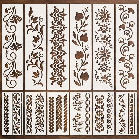 12 Pochoir, Motif floral, Matériau PET, Découpe laser, 30x7,5 cm et 15x7,5 cm, Décoration murale et bricolage (1/5)