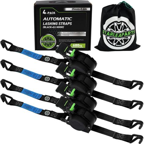 4er-Pack Automatik Spanngurte mit J-Haken, 3,6m x 25mm, 340kg, Schwarz (1/5)