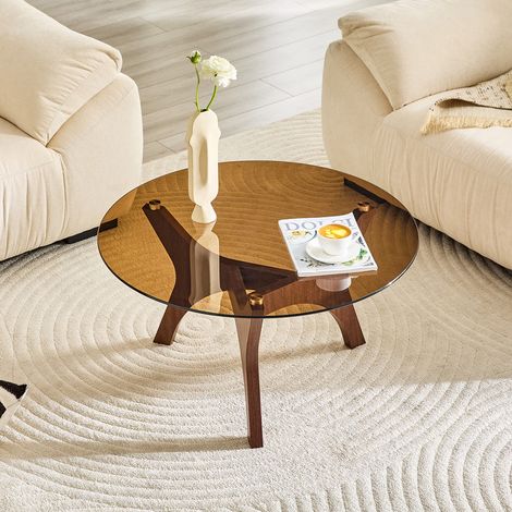 Table basse ronde verre ambré 80cm, bois brun massif (1/5)