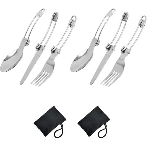 2 ensembles (6 pièces) de couverts pliables en acier inoxydable, couverts portables avec 2 sacs de rangement pour pique-nique, randonnée, camping et voyages (1/5)