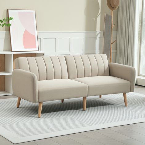 Canapé Convertible 2 Places Design scandinave Dossier inclinable 3 Positions Pieds Bois Tissu Aspect Lin Beige (1/5)