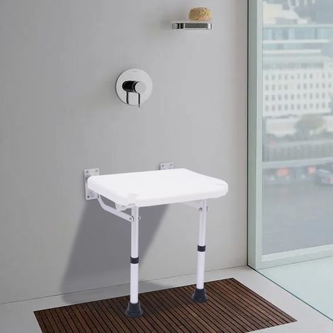 Duschklappsitz Für Wandmontage, Klappsitz Badestuhl Duschhocker Wandmontage Duschsitz mit Stützfüße, Höhenverstellbar 42-53cm, für ältere Menschen, Schwangere, Behinderte, bis 100 kg