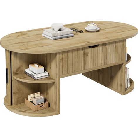 Couchtisch höhenverstellbar mit 2 Schiebetüren und offenen Fächern, oval, Retro-Design, Eiche (1/5)