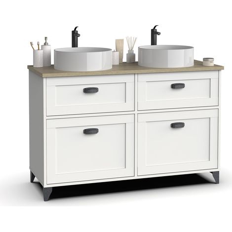 Meuble de salle de bain double Toscana avec 2 tiroirs et 2 portes, sans lavabo, 120 cm, blanc et chêne cambrien (1/2)