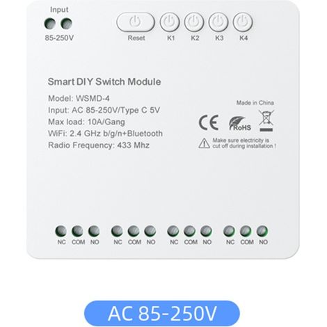 Tuya Modulo Relè a Contatto Pulito Smart Wi-Fi ed RF433 con 4 Canali  AC 85-250V