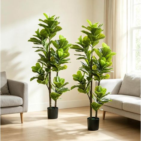 Set de 2 plantas artificiales ficus lyrata 150 cm plástico verde decoración moderna FloraGrace (1/5)