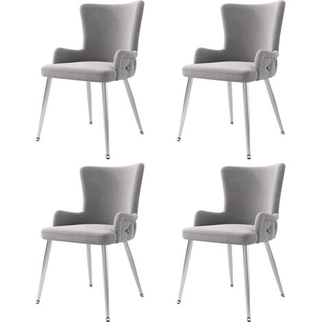 Juego de 4 sillas de comedor minimalistas modernas de terciopelo gris con cuatro patas de metal plateado, ideales para oficina en casa, sala de estar y dormitorio. (1/5)