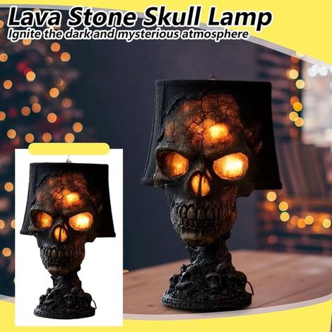 Lampe de table tête de mort en pierre de lave gothique - Veilleuse de décoration d'horreur d'Halloween - Crane de lave craquelé réaliste avec orbites chaudes - pour chambre à coucher, bar, Halloween - (1/4)