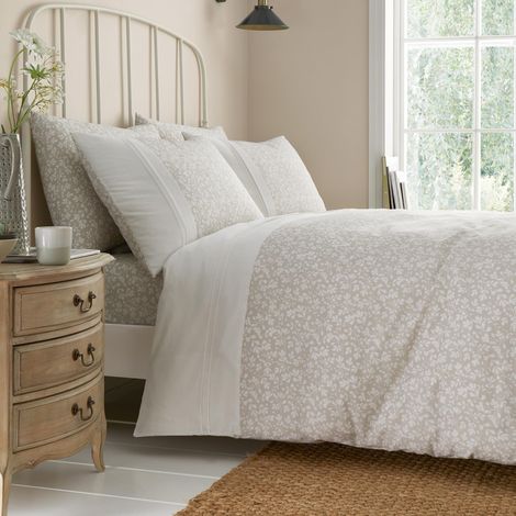 Housse de Couette plissée - Lit Simple (140 x 200 cm) - 1 taie d'oreiller - Polycoton - Housse de Couette Florale en Naturel - Literie crème/Naturel/Blanc (1/3)