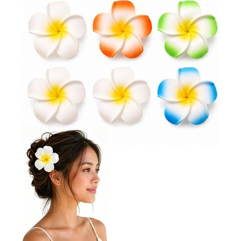 Pince à Cheveux Fleur Frangipanier Hawaïenne, Lot de 6 (6cm) - Multicolore. Idéal Fête Plage Mariage Accessoire Cheveux Femme Fille Tropical. (1/5)