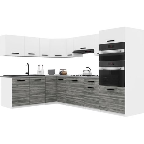 Belini ITALIA 8 Cuisine Equipée Modulaire Complète - 420 cm. Meubles Hauts Bas avec Plan de Travail, Blanc Mat/Gris Glamour