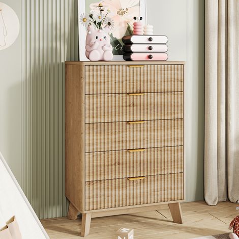 Commode à 5 tiroirs, Commode en Bois Style bohème, Armoire avec 5 tiroirs décorés en rotin Meuble de Rangement Commode Chambre pour Chambre, Salon,Entrée Bureau, 73x40x108 cm (1/5)