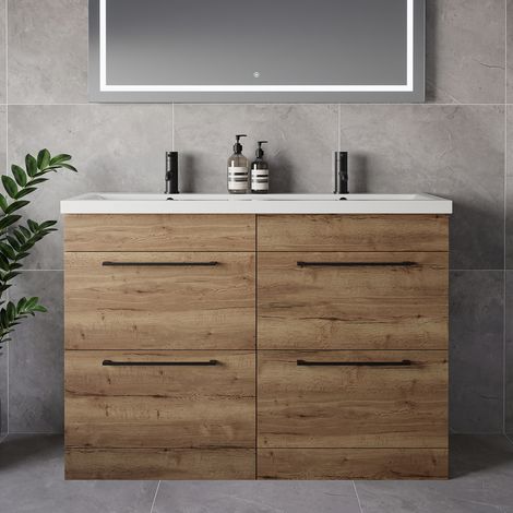 Napoli 390 Tobacco Oak 1200mm 4 Drawer Vanity Unit with Double Glide Basins - 1200mm - Matt Black 320mm Handle