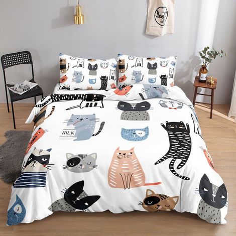 Bettwäsche-Set mit Cartoon-Katzen-Aufdruck für Kinder, 2-teilig, 100x132cm/80x80cm