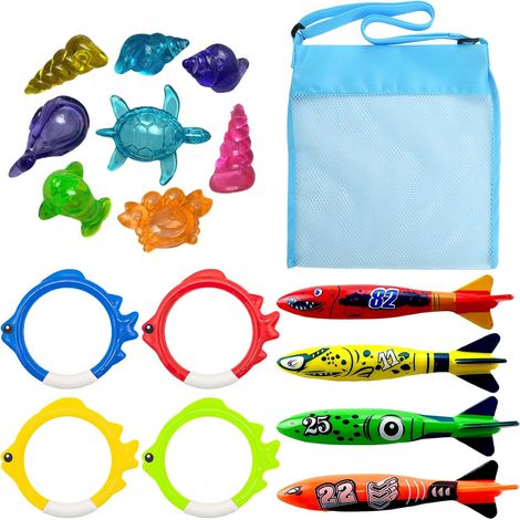 17 Pieces Children's Swimming Pool Toy Kit Diving Pool with Torpedo Diving Rings Gems, Underwater Swimming Toys for 5-12 Years Old Boys Girls (1/5)