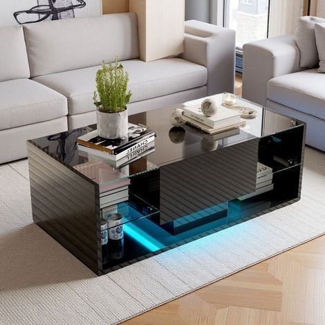 Schwarzer skandinavischer Couchtisch 100 x 50 x 35 cm - gehärtetes Glas, integrierte LEDs und Aufbewahrungsschublade